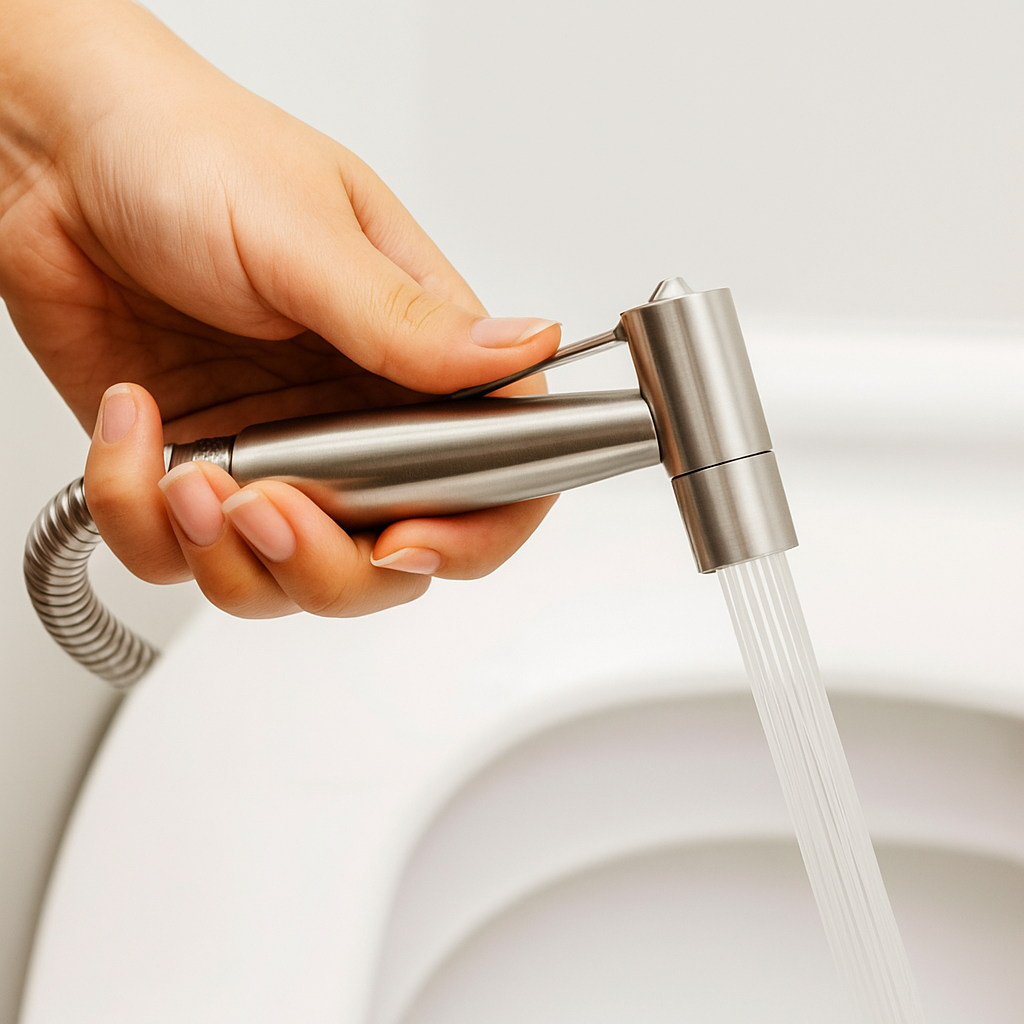 Douchette SAFA en inox brossé tenue en main, jet d'eau clair au-dessus de la cuvette