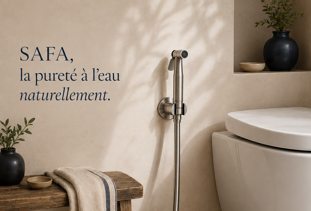 Douchette SAFA en acier inoxydable brossé, installée dans une salle de bain épurée