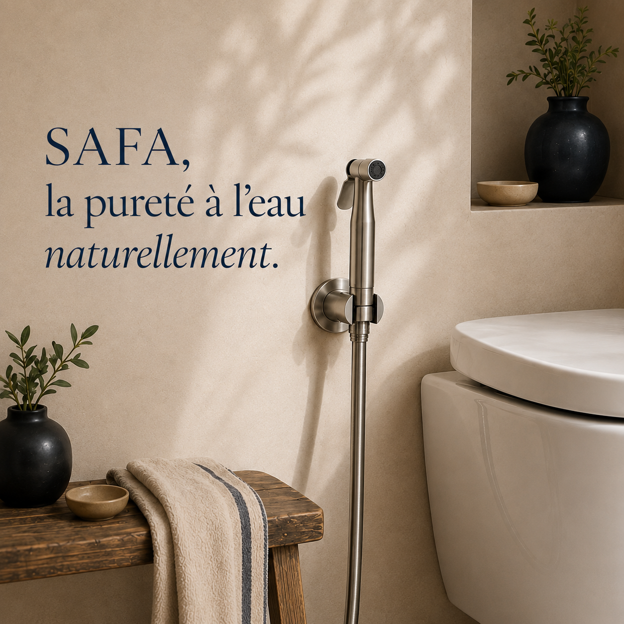 Douchette SAFA en acier inoxydable brossé, installée dans une salle de bain épurée aux teintes naturelles